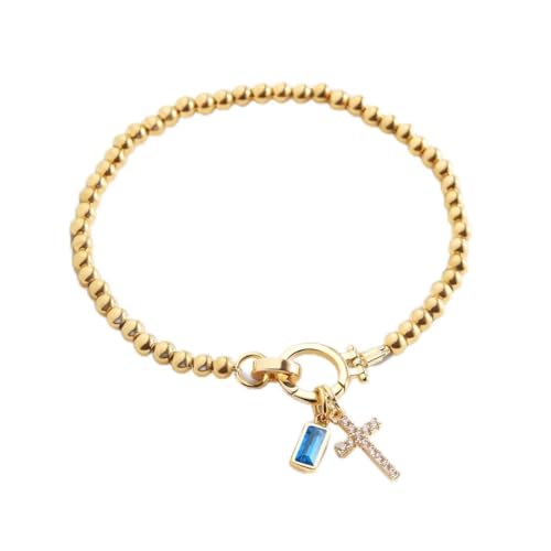Mint & Lily Cross Charm Birthstone Bracelet for Women | 18K Gold Beaded Stretch Bracelet Waterproof Tarnish Resistant Stainless Steel | Faith Jewelry Gift Birthday | September Sapphire 7.5