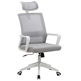 Acomoda Textil - Silla de Oficina Ergonómica con Respaldo de Malla y Asiento Tapizado Altura Regulable Base Resistente con Ruedas y Diseño Moderno para Hogar (111-120x61x61 cm, Blanco-Gris)