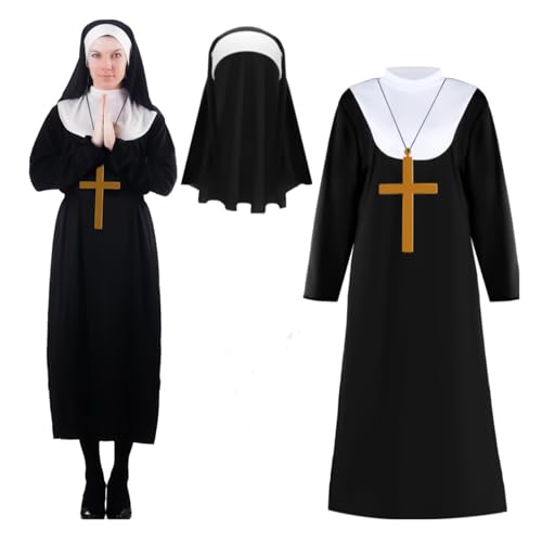 Disfraz de monja para mujer, elegante traje de monja, conjunto de 3 piezas con colgante de cruz y vestido largo, disfraz de juego de rol religioso para celebración de vacaciones, baile de máscaras y