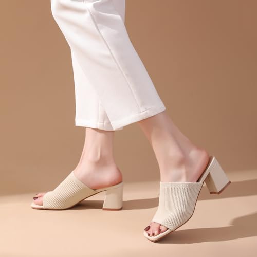 Image of Tilocow Knit Heeled Sandals for Women Square Open Toe Heeled Mules Chunky Block Low Heel Slip On Slides