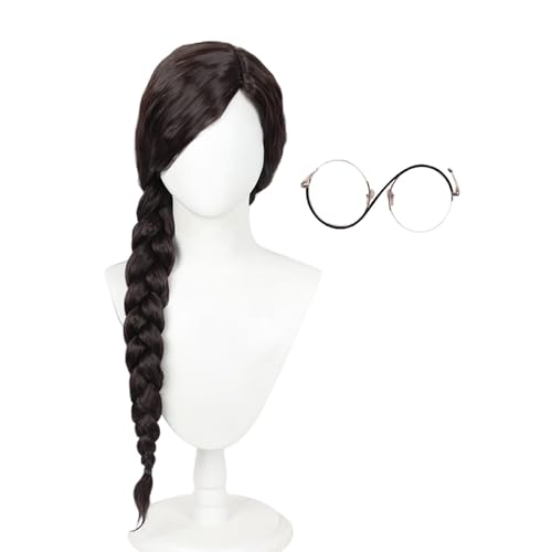 Image of H&Bwig Long Brown Braided Wig for Women Synthetic Hair with Glasses Halloween Costume Wig Heat Resistant Fiber Wigs for Party Daily Use