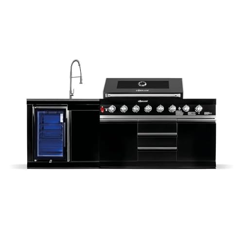 GORILLER BLACKBACK S1 Cocina al aire libre, parrilla de gas XXL con carcasa de acero inoxidable, nevera integrada, grifo, color negro
