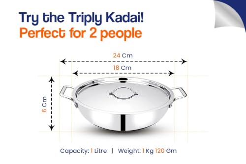 Image of Bhalaria Triply Stainless Steel Kadhai 18cm 1.3L | 25mm Heavy Gauge 3 Layer Body | Induction & Gas Compatible | Deep Fry Pan for Sabzi, Frying & Curry | Dishwasher Safe