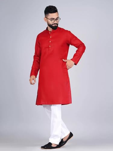 Image of Pinkmint Kurta for Men Cotton Mandarin Collar Long Sleeve Soild Traditional Kurta Festival Kurta