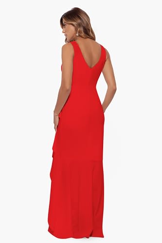 Image of Betsy & Adam Women's V-Neck Hi Low Sleeveless Floor Length Cascade Dress with Draped Ruffle