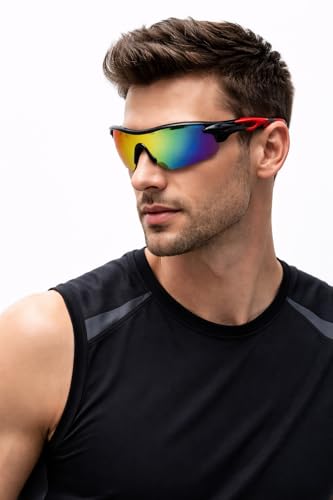 Image of Oversized Sports Goggles for Men & Women UV400 Protection Non Polarized Cycling Running Cricket Driving Fishing Outdoor Lightweight Wraparound Design Clear Vision Eyewear. (Red Mercury)