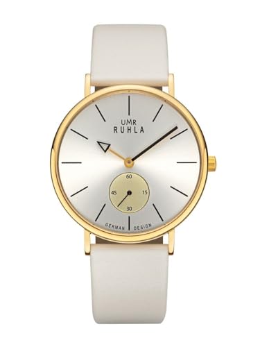 RUHLA-Style Damenuhr - Dezente Klasse mit Charakter - IP-goldene Edelstahlgehäuse Ø 40mm - beiges Zifferblatt - dezentraler Sekundenanzeige - beiges Lederarmband – Made in Germany