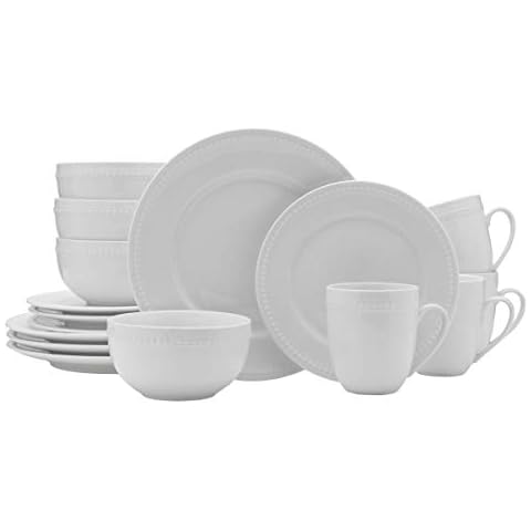 Everyday White Beaded 16 Piece Dinnerware Set, Set of 4 Cover