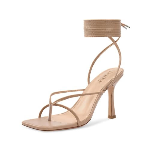 Image of ISNOM Lace Up Heels Sandals for Women - Square Open Toe, Stiletto High Heel