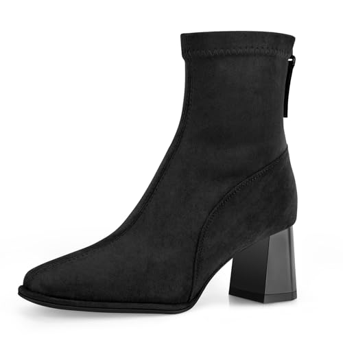 Trakxy Women's Square Toe Ankle Boots Faux Suede Low Block Heel Chelsea Boots Women Shoes