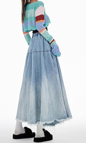 CHARTOU Women Pleated Maxi Denim Skirt Long Jean Skirt Gradient Frayed Distressed Denim Ruffle A Line Skirt3