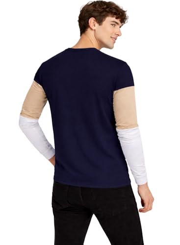 Image of ADRO Men's Full Sleeve T-Shirt Navy Grey Colorblock | Cotton Round Neck Casual Tshirt | Regular Fit Stylish T Shirt