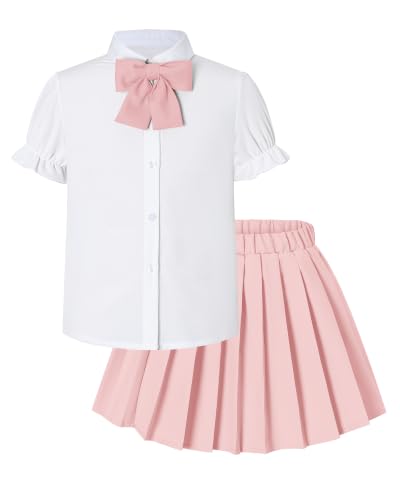 Image of Betusline Girls Skirt Set JK School Uniform 2-Piece Outfit - Short Sleeve Shirt with Bow & Pleated Skirt 4T-14Y