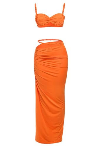 Womens Two Piece Skirt Sets Summer Beach Sexy Ruched Backless Cami Top and Cut Out Skirt Night Out Dress Orange