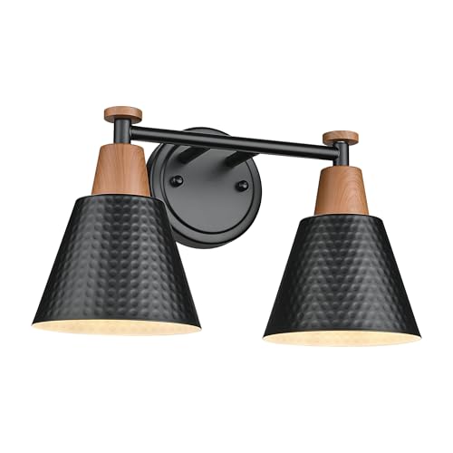 Image of FEMILA Modern 2 Light Bathroom Vanity Lights, Industrial Bathroom Light Fixtures Over Mirror, Black Vanity Lighting Fixtures, Woodgrain Finish, 4FG59B-2W BK-NW