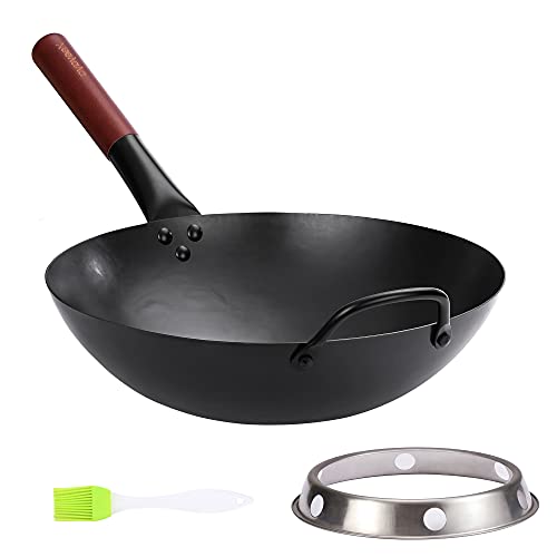 Woks and Stir Fry Pans with Ring, 14 Chinese Carbon Steel Wok Pan, Cooking Large Hand Hammered Traditional Round Bottom Wok by Xeeyaya