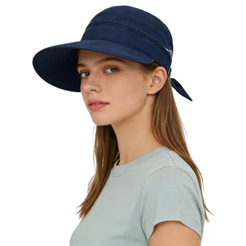 ITODA Femme Casquette Grande Visière Anti-Soleil en Coton Chapeau de Soleil Pliable Contre UPF 50+ Casquette Haut Vide Queue de Cheval Pare-Soleil Capeline...