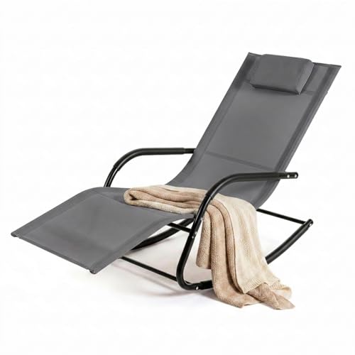 Image of Multigot Rocking Garden Sun Lounger, Zero Gravity Reclining Deck Chair with Headrest and Curved Armrests, Metal Frame Outdoor Chaise Lounge Chair for Poolside Backyard (Grey)