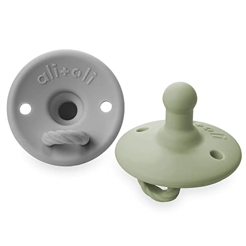 Image of Ali+Oli Pacifier for Baby (2-pk) Set Original Round (Grey-Sage) Concaved Shield Newborn Pacifiers, BPA-Free Silicone Baby Pacifier Set, Baby Binkies, Chupones para Bebes