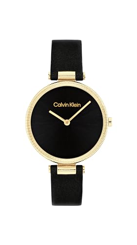Calvin Klein Zwei-Zeiger-Quarzwerk-Uhr für Damen Kollektion Gleam mit Schwarzes Lederarmband - 25100017