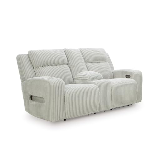 Signature Design by Ashley Broad Cove Modern Power Reclining Loveseat with Console, Adjustable Headrest and LED Lights, White