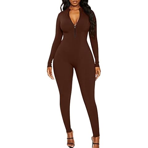 Mizoci Women's Sexy Bodycon Long Sleeve One Piece Jumpsuit V Neck Zip Up Ribbed Full Romper, X-Large, Coffee Cover