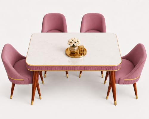 Image of WOODEN SPACE Majestic 4 Seater Wooden Dining Table Set | Urban Marble Top Dining Table with Chairs for Dining Room & Kitchen (Pink Modern Grand Aura) (54 x 36 x 30 inch)