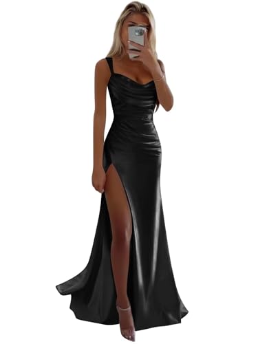 Satin Prom Dresses with Slit Mermaid Ruched Corset Formal Evening Dresses for Women
