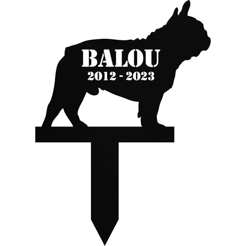 INDIGOS UG - Piquet funéraire chien – Bouledogue français – 50 cm – Piquet commémoratif résistant aux intempéries comme décoration funéraire – Personnalisable avec nom et date au choix –