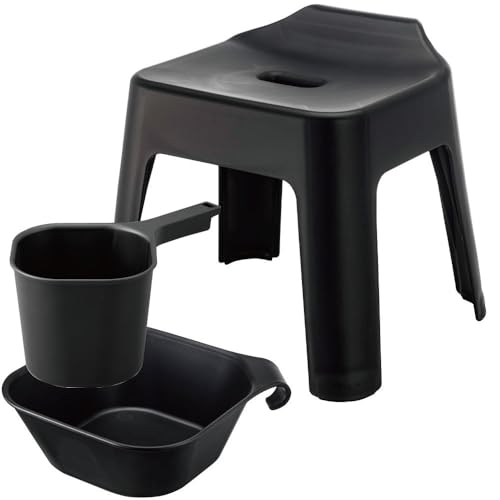 山崎実業 タワーシリーズ tower 引っ掛け風呂イス 30cm + マグネット&引っ掛け湯おけ + マグネット手桶 3点セット ブラック バスチェア 風呂 椅子 おしゃれ 【モノギャラリー限定クリアファイル付】