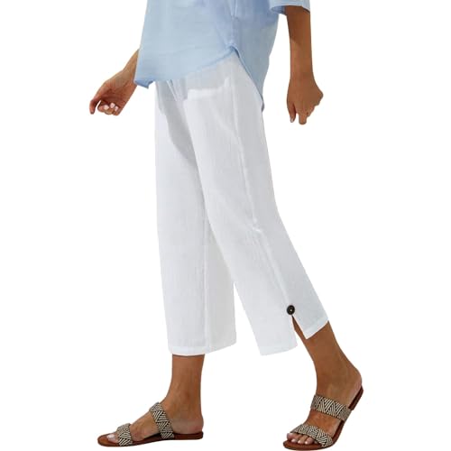 Cómodos pantalones de maternidad para mujer, casuales, color sólido, algodón y lino, pantalones recortados con botones y cintura elástica para mujer, pantalones casuales tejidos para mujer, blanco, L