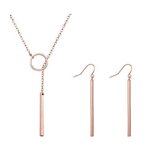 2Pcs Rose Gold Lariat Necklace Earrings Set Open Circle Y Necklace Punk Simple Earrings Bar Jewelry
