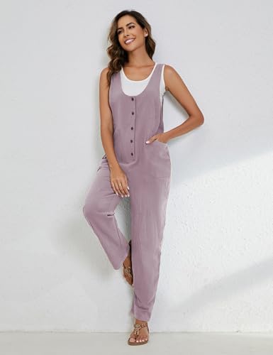 Image of Yeokou Womens Overalls Linen Cotton Jumpsuits Loose Casual Jumpers with Pockets