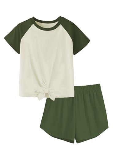 SENLLORLIN Girls 2PC Summer Clothes Set Short Sleeve Reglan T-Shirt with Elastic Waistband Casual Shorts for Play School Vacation US 7-8 Years = Tag 140
