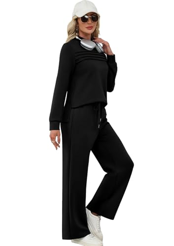 Image of WIHOLL Two Piece Sets for Women Fall Travel Vacation Outfits 2026 Long Sleeve Lounge Sets Side Slit Wide Leg Pants XS-3XL