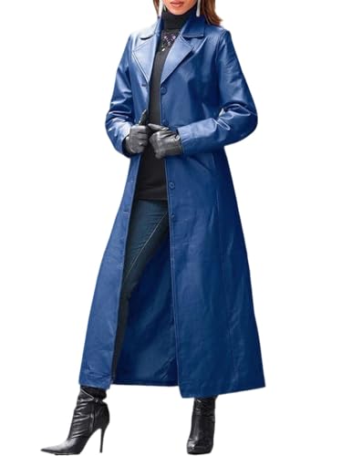 utcoco Womens Faux Leather Trench Coat Classic Lapel Button Down Maxi Jacket 2025 Stylish Overcoat (Large, Blue)