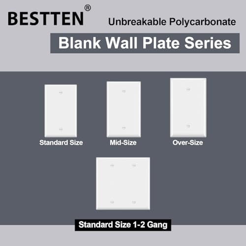 BESTTEN 10 Pack 1-Gang No Device Blank Wall Plate, UL Listed, Standard Size, H4.53” x W2.76”, Unbreakable Polycarbonate Thermoplastic Outlet Cover, White - Thumbnail 7