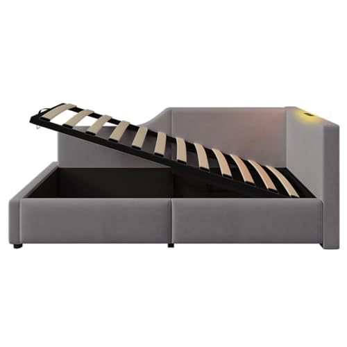 LuxeLiving Polsterbett 90x200 cm Tagesbett, Bettgestell mit hydraulischem Stauraum, Leselicht, Ladefunktion, Jugendbett Kinderbett Einzelbett Schlafsofa mit Lattenrost, Grau, Ohne Matratze