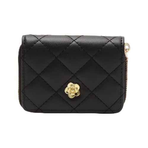 1 bolsa para dinheiro, capa de cartão estilo chanel, 3 dobras, couro PU, preto, 11 x 9 cm