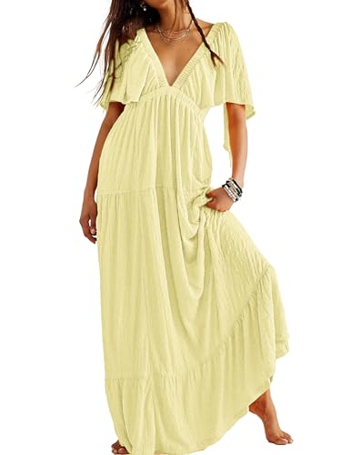 Image of Kikibell Women Summer Dresses Sexy V-Neck Maxi Dress Tiered Silhouette with Flutter Sleeve Backless Elastic Waist Flowy Dress