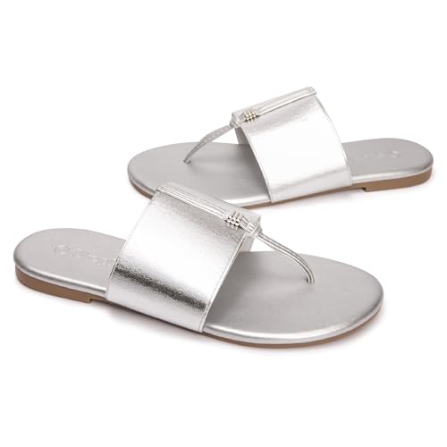 Women's Elastic T-Strap Sandals - Comfortable Slip-On Summer Flats, Stretchy Slide Sandals for Walking, Beach, and Casual Wear Silver 074