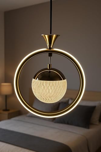 Image of Modern LED Ring Pendant Light with Textured Glass Globe - 3 Color Changing (White /Warm /Natural White) - Adjustable Hanging Ceiling Light for Bedroom, Living Room & Dining