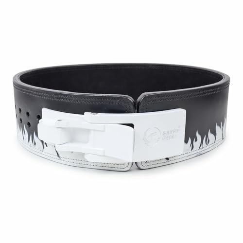 Image of Powerlifting Lever Gym 13mm White Buckle With White Fire Power Extreme Heavy Duty Genuine Leather Belts-Squats Deadlifts Bodybuilding Weight Lifting for Men & Women (Small-26 inch-34 inch)