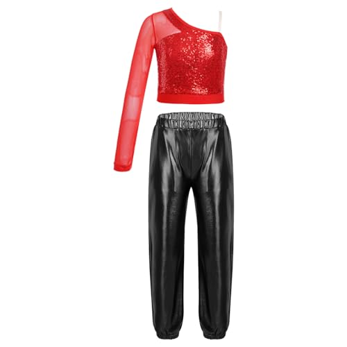 JanJean Kids Girls 2Pcs Dance Tracksuit Shiny Metallic Crop Top with Athletic Sweatpants Jazz Hip Hop Jazz Dance Costume Red&Black B 8 Years