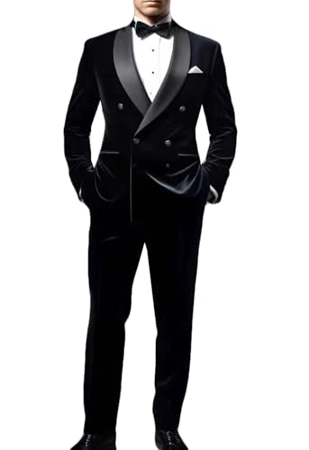 ORBITRAY Men's Velvet Suit 2025 Double Breasted Peaked Lapel Slim Fit Prom Suits for Men