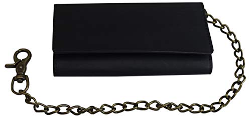 RFID Blocking Mens Tri-fold Long Style Crazy Horse Leather Steel Chain Wallet(Black)3
