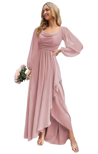 Long Sleeve Bridesmaid Dresses for Women Long Pleated Chiffon A Line Formal Evening Dresses with Slit4
