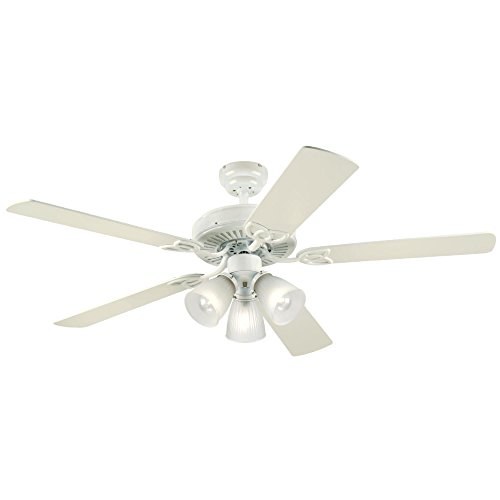 Westinghouse Lighting 7862720 Vintage Three-Light 52-Inch Reversible Five-Blade Indoor Ceiling Fan, White with Frosted Ribbed Glass Shades
