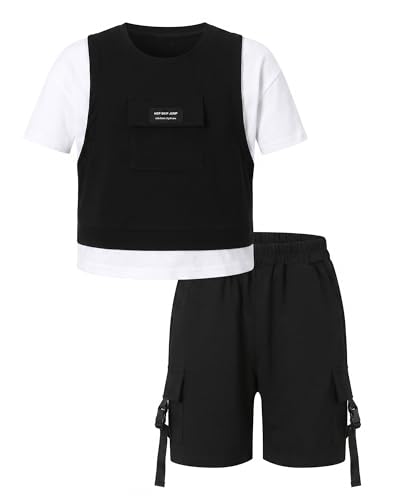 Image of SANGTREE 2Pcs Cotton Boys Clothes Short Sleeve T-Shirt and Shorts Teen Kids Summer Casual Outfit Boy Sets, 3-12 Years