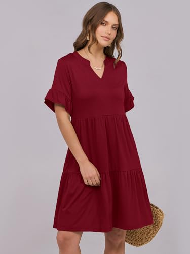 Image of ANRABESS Women's Summer Casual Dress, V-Neck Ruffle Sleeve Tiered Mini Dress, Soft Comfy Fabric with Pockets for All-Day Wear